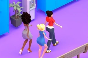 Tres personas animadas caminando en un interior con piso morado, junto a muebles azules y una planta