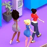 Tres personas animadas caminando en un interior con piso morado, junto a muebles azules y una planta