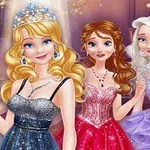 Cuatro princesas animadas con vestidos elegantes y joyas brillantes posan juntas en un entorno festivo