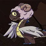 Un personaje de criatura alada con cuernos y cuerpo marrón, parado sobre un fondo oscuro