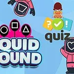 Personajes con trajes rosados y máscaras negras con formas geométricas, junto al texto Squid Round y Quiz