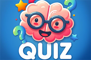Cerebro caricaturesco con lentes, signos de interrogación y la palabra QUIZ sobre fondo azul