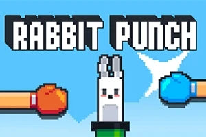Título Rabbit Punch con guantes de boxeo rojo y azul golpeando a un conejo pixelado