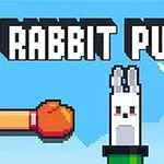 Título Rabbit Punch con guantes de boxeo rojo y azul golpeando a un conejo pixelado