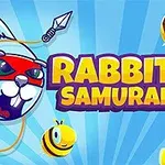 Conejo con máscara roja y abejas sonrientes sobre un fondo azul con el texto Rabbit Samurai 2