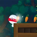 Personaje blanco con cinta roja en la cabeza saltando hacia tres zanahorias brillantes en un entorno boscoso oscuro