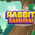 Conejo con cinta en la cabeza junto a un árbol grande, con el texto Rabbit Samurai