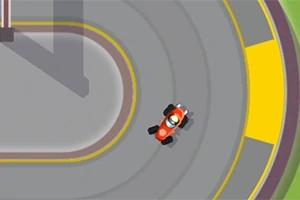 Un auto de carreras rojo en una pista con curvas y bordes amarillos, visto desde arriba