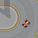 Un auto de carreras rojo en una pista con curvas y bordes amarillos, visto desde arriba