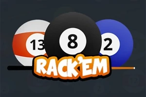 Tres bolas de billar numeradas (13, 8, 2) y un texto que dice RackEm sobre un fondo oscuro