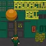Un personaje de pixeles frente a una puerta con un cartel que dice Radioactive Ball, rodeado de barriles de residuos nucleares