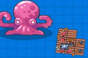 Pulpo rosado grande mirando una balsa pequeña con objetos encima sobre un fondo azul cuadriculado