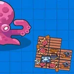 Pulpo rosado grande mirando una balsa pequeña con objetos encima sobre un fondo azul cuadriculado