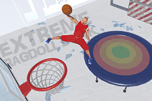 Jugador de baloncesto en uniforme rojo realizando una clavada desde un trampolín hacia una canasta