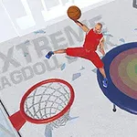 Jugador de baloncesto en uniforme rojo realizando una clavada desde un trampolín hacia una canasta