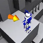 Personaje blanco con púas azules en una plataforma gris junto a un gran botón de flecha naranja