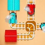 Cuatro trenes de colores vibrantes se acercan a un cruce ferroviario desde diferentes direcciones sobre un fondo beige