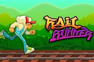 Un personaje con sudadera y gorra corre sobre las vías del tren frente a un fondo de montañas verdes junto al texto Rail Runner