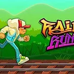 Un personaje con sudadera y gorra corre sobre las vías del tren frente a un fondo de montañas verdes junto al texto Rail Runner