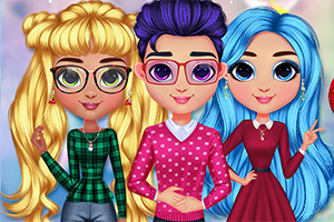 Tres personajes animados con cabello colorido y atuendos modernos posan juntos; uno con gafas y cabello rubio, otro con suéter rosa y gafas, y el tercero con cabello azul y vestido rojo