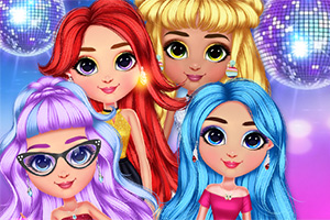 Cuatro chicas con cabello de colores brillantes posan frente a un fondo con bolas de disco