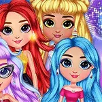 Cuatro chicas con cabello de colores brillantes posan frente a un fondo con bolas de disco