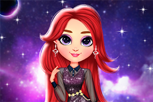 Dibujo de una chica de cabello rojo con vestido brillante, rodeada de un fondo estrellado y nebulosas