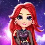 Dibujo de una chica de cabello rojo con vestido brillante, rodeada de un fondo estrellado y nebulosas