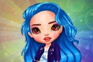 Chica con cabello azul brillante y ojos grandes en un fondo colorido y radiante