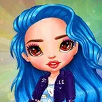 Chica con cabello azul brillante y ojos grandes en un fondo colorido y radiante