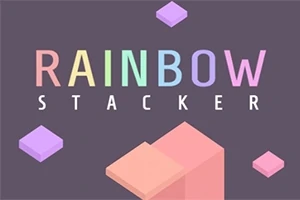 Texto colorido RAINBOW STACKER sobre fondo gris con bloques geométricos en tonos pastel