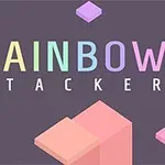 Texto colorido RAINBOW STACKER sobre fondo gris con bloques geométricos en tonos pastel
