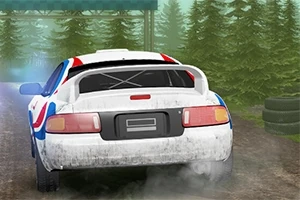 Coche de rally blanco con franjas rojas y azules avanzando por un camino de tierra rodeado de árboles y neblina