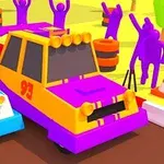 Autos de carreras estilo caricatura en colores azul y morado compiten en una pista con espectadores animados al fondo
