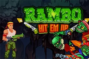 Hombre animado armado enfrenta a zombis verdes bajo un letrero brillante en un bosque oscuro