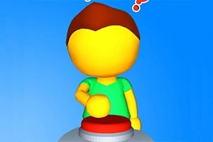 Personaje amarillo con camiseta verde apretando un botón rojo sobre un fondo azul