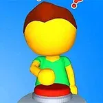 Personaje amarillo con camiseta verde apretando un botón rojo sobre un fondo azul