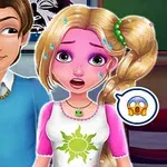 Un chico sonriente al lado de una chica rubia con expresión preocupada, con emoticones de diablito y sorpresa flotando cerca de ellos
