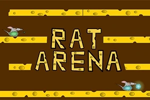 Ratas con cascos portando esferas en una arena con plataformas de queso y texto en el centro