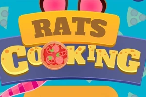 Cartel colorido con letras grandes que dicen Rats Cooking, decorado con una pizza, orejas y colas de rata en un fondo azul con imágenes de queso