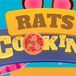 Cartel colorido con letras grandes que dicen Rats Cooking, decorado con una pizza, orejas y colas de rata en un fondo azul con imágenes de queso