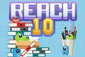 Título Reach 10 con libros apilados, carpetas y criaturas pequeñas con ojos grandes