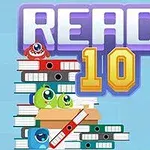 Título Reach 10 con libros apilados, carpetas y criaturas pequeñas con ojos grandes