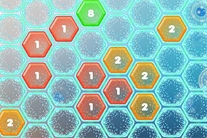 Hexágonos de colores con números en una disposición de mosaico, destacando un hexágono verde con el número 8 en el centro