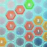 Hexágonos de colores con números en una disposición de mosaico, destacando un hexágono verde con el número 8 en el centro