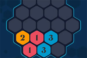 Hexágonos de colores rojo, amarillo y azul con números en su interior sobre un fondo oscuro