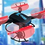 Dron negro con hélices rojas volando sobre un fondo urbano desenfocado