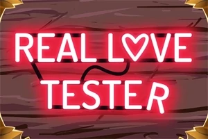 Letrero de neón rojo que dice REAL LOVE TESTER con un corazón en lugar de la O sobre un fondo de madera