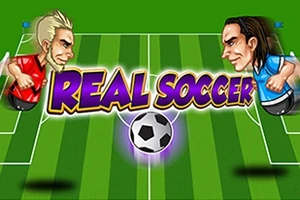 Jugadores caricaturizados de fútbol en un campo con texto Real Soccer y un balón en el centro