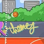 Cancha de básquetbol al aire libre con un grafiti colorido y edificios al fondo